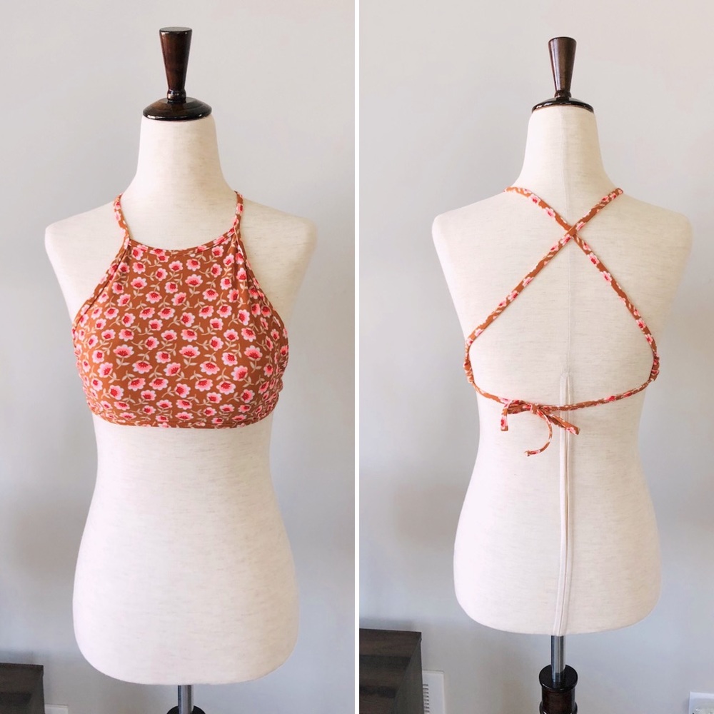 Aerie High Neckline Floral Swim Top - Camel Color